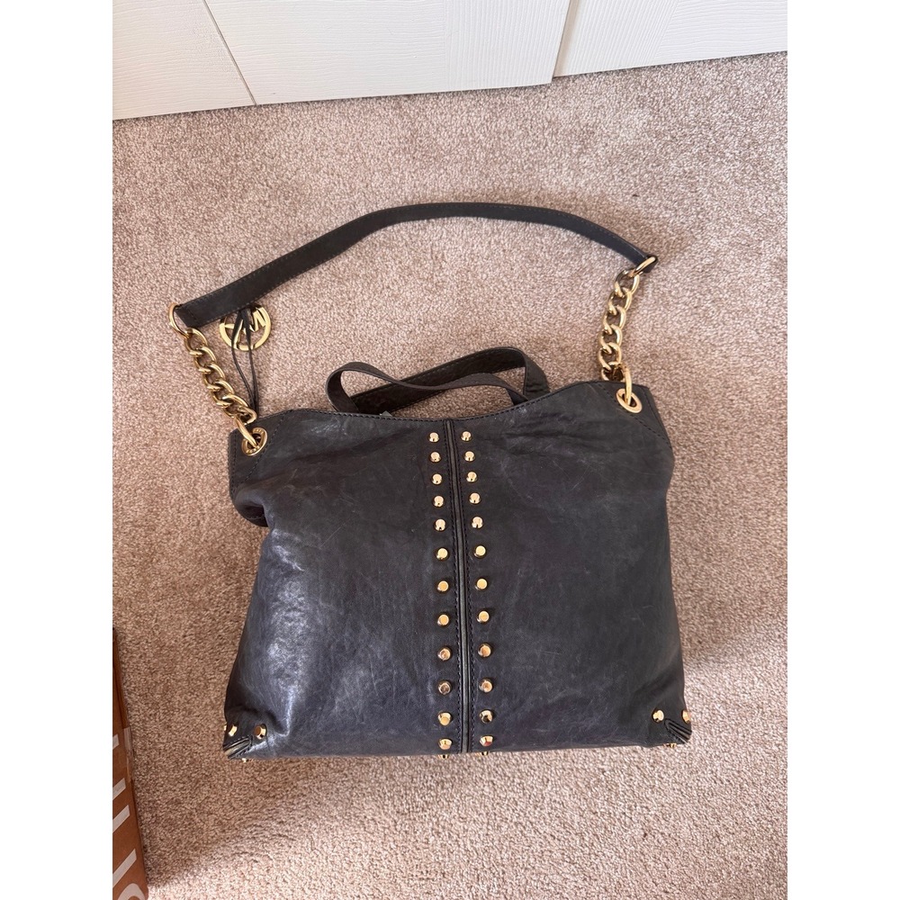 Michael Kors Studded Leather Chain Shoulder Tote Bag Gold Hardware